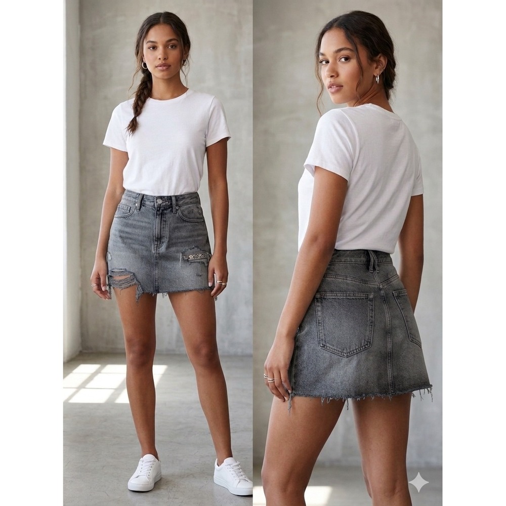 Good American The Khloe Good 90s‎ Mini Skirt Indigo Distressed Denim 4 27